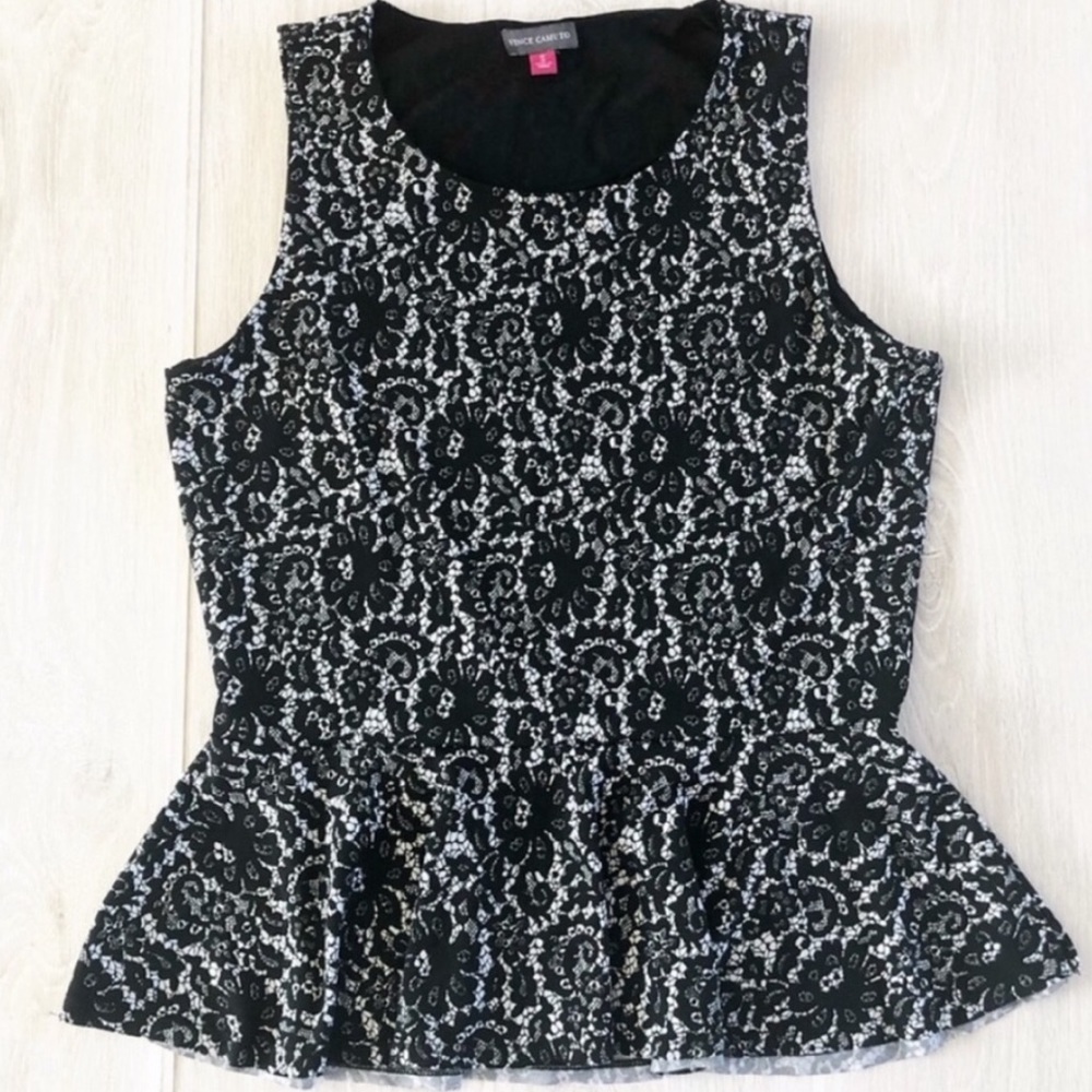 Black Lace Print Peplum Sleeveless Top